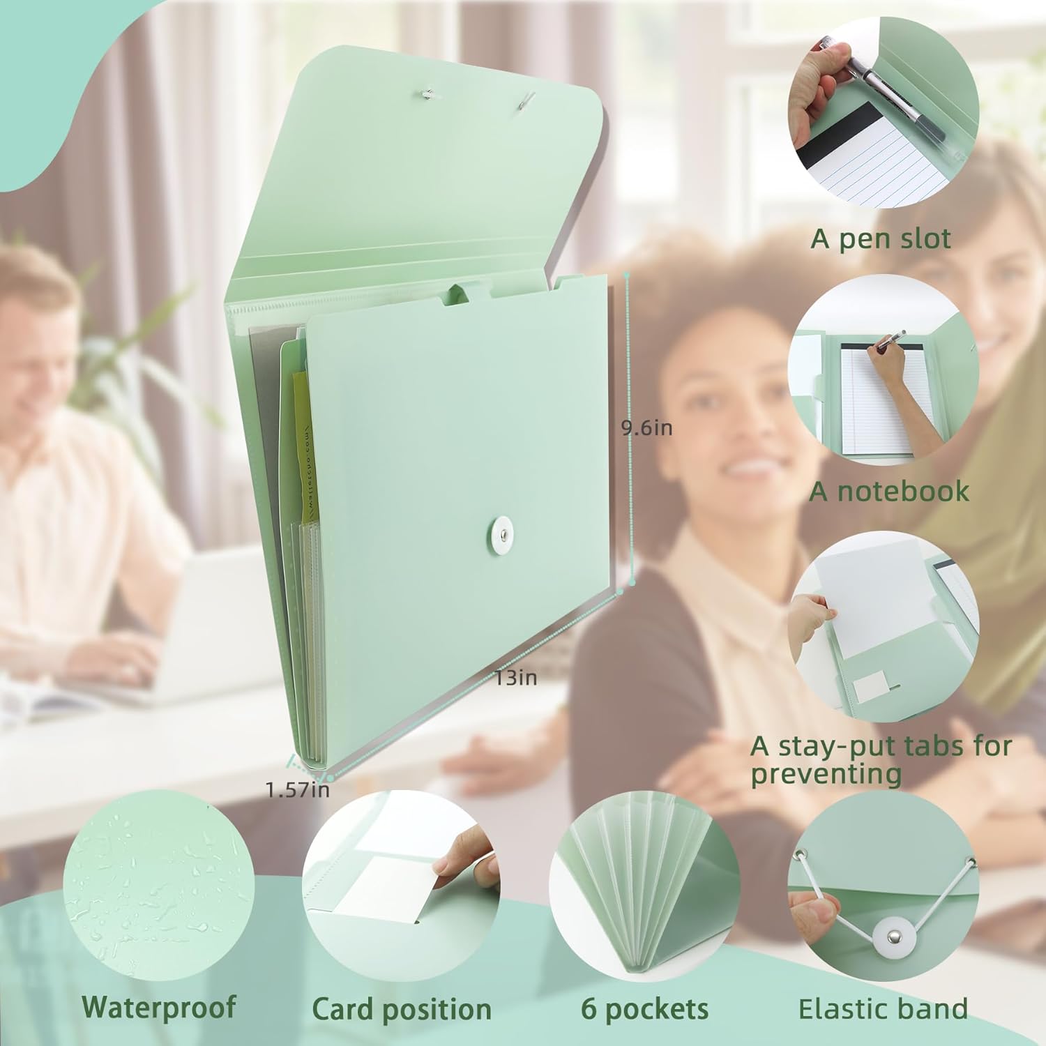 Accordion File Organizer, 6 Pockets Versatile Document Organizer for Letter Size/A4 Paper/Receipts with One Notebook, Green Expanding File Folder for Office/School/Home/Travel - Image 2