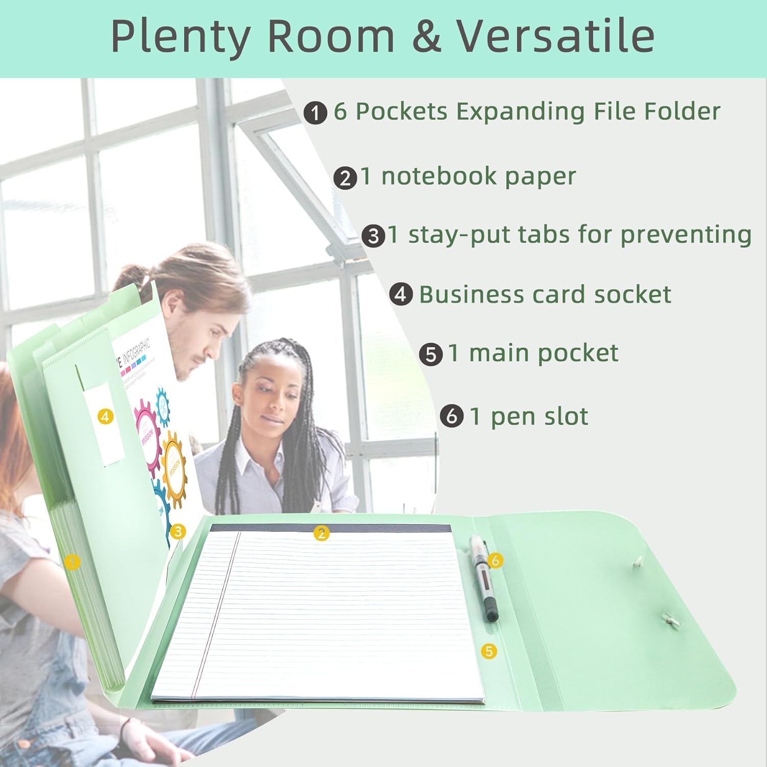 Accordion File Organizer, 6 Pockets Versatile Document Organizer for Letter Size/A4 Paper/Receipts with One Notebook, Green Expanding File Folder for Office/School/Home/Travel - Image 3