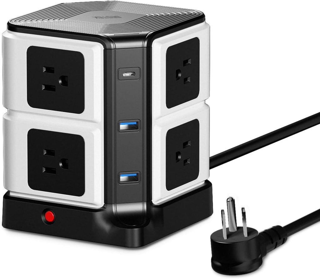 BESTEK Power Strip Tower with Wireless Charger & PD20W USB C, 8-Outlet and 3 USB Charging Ports 2100 Joules Surge Protector, 5 Feet Extension Cord, ETL Listed