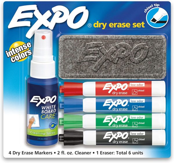 EXPO Low Odor Dry Erase Marker Set with White Board Eraser and Cleaner, Chisel Tip Dry Erase Markers, Assorted Colors, 6 Piece Set with Whiteboard Cleaner