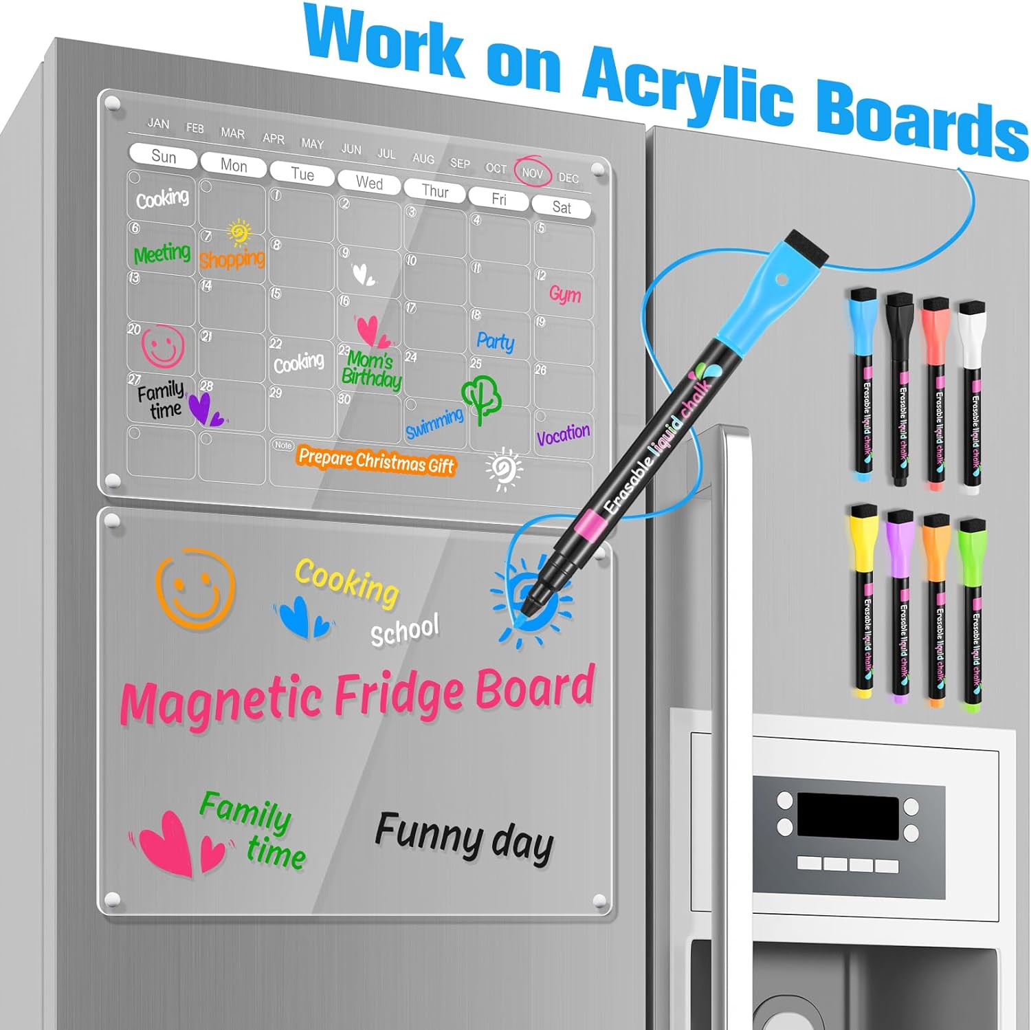 Magnetic Liquid Chalk Markers Wet Erase Markers for Acrylic Calendar Planning Board Clear Glass Writing Board Whiteboard Window/Mirror, 8 Pack, 8 Vibrant Color, 1mm Fine Tip - Image 2