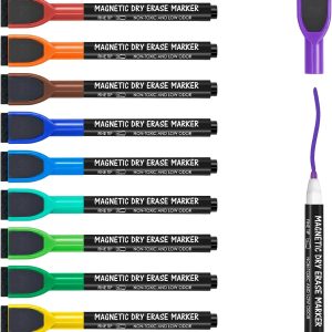 maxtek Magnetic Whiteboard Markers - 12 Count Colorful Fine Tip Dry Erase Markers with Eraser for Kids, Low Odor Thin Markers for Calendar Boards