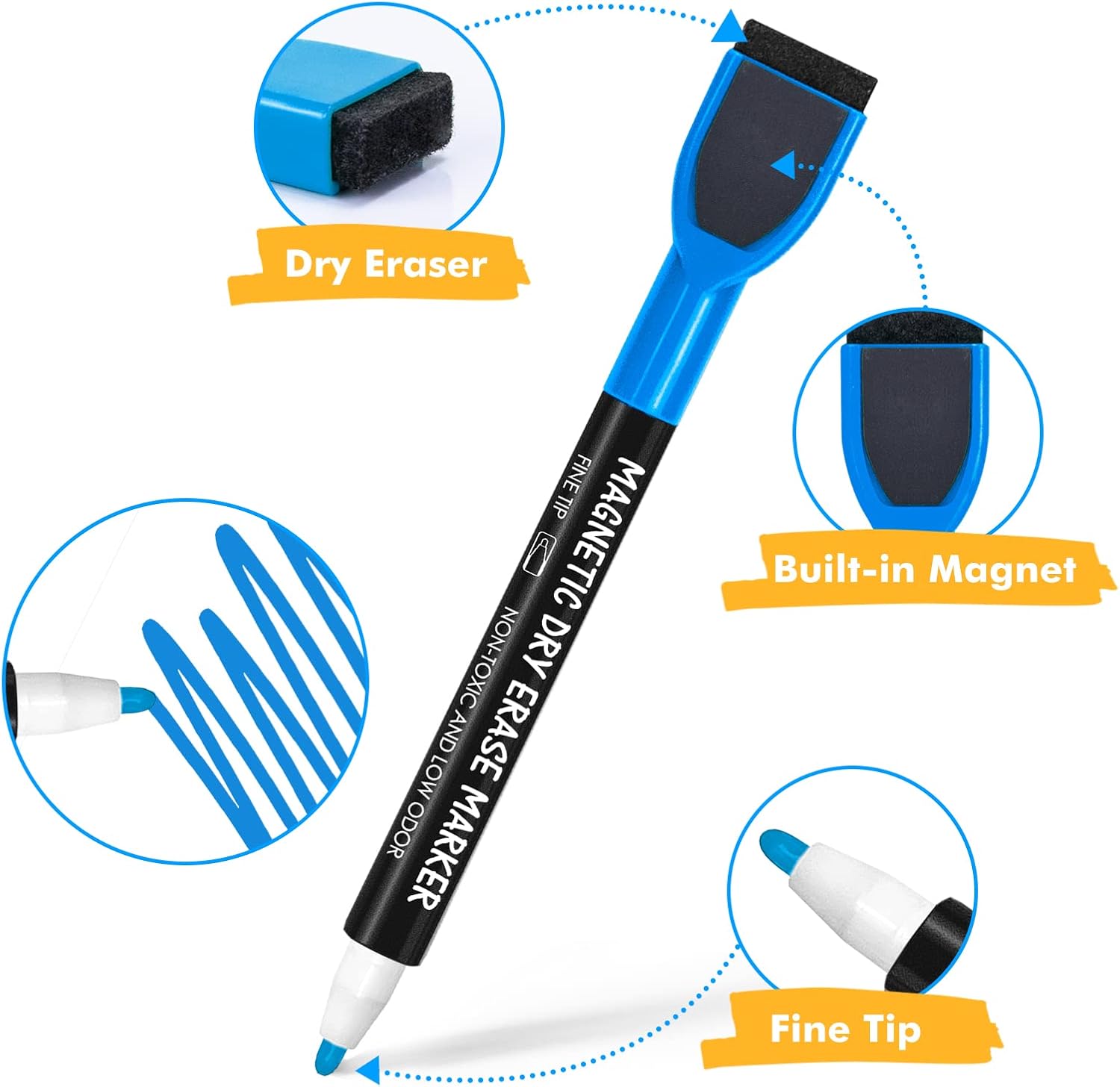 maxtek Magnetic Whiteboard Markers - 12 Count Colorful Fine Tip Dry Erase Markers with Eraser for Kids, Low Odor Thin Markers for Calendar Boards - Image 2