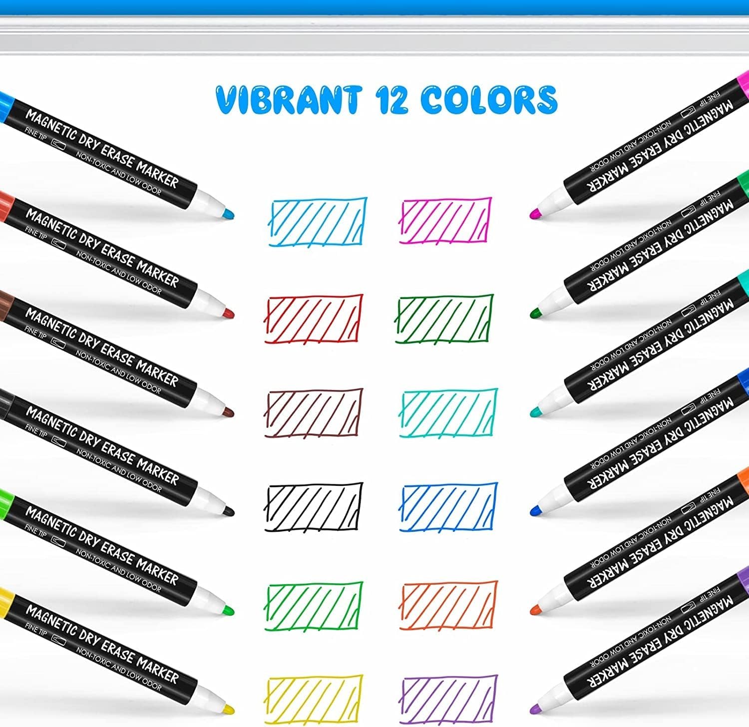 maxtek Magnetic Whiteboard Markers - 12 Count Colorful Fine Tip Dry Erase Markers with Eraser for Kids, Low Odor Thin Markers for Calendar Boards - Image 5