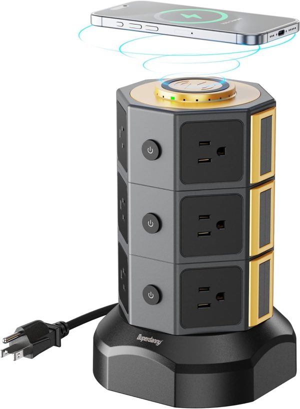 Power Strip Tower, SUPERDANNY Surge Protector Tower with 15W Wireless Charger, 1050J, 13A Charging Station with 12 AC Outlets & 6 USB Ports (2 USB C), 6.5ft Extension Cord for Home Office Dorm, Gold