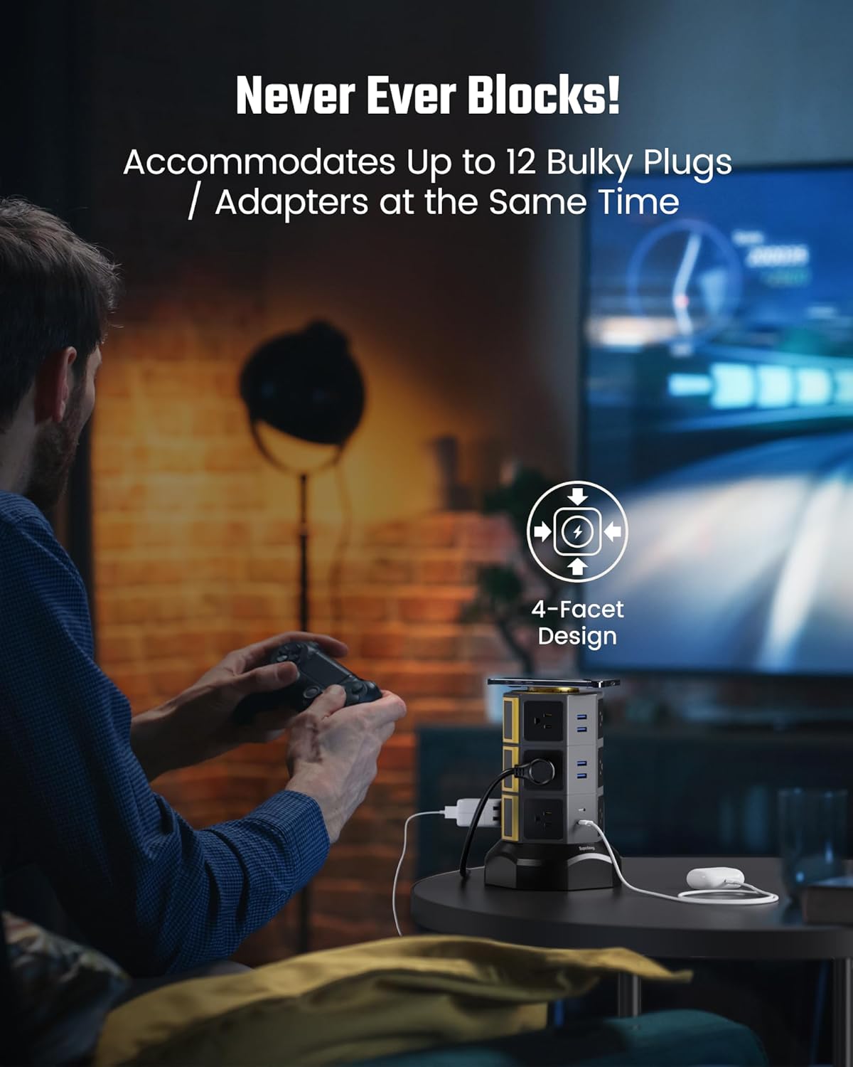 Power Strip Tower, SUPERDANNY Surge Protector Tower with 15W Wireless Charger, 1050J, 13A Charging Station with 12 AC Outlets & 6 USB Ports (2 USB C), 6.5ft Extension Cord for Home Office Dorm, Gold - Image 3