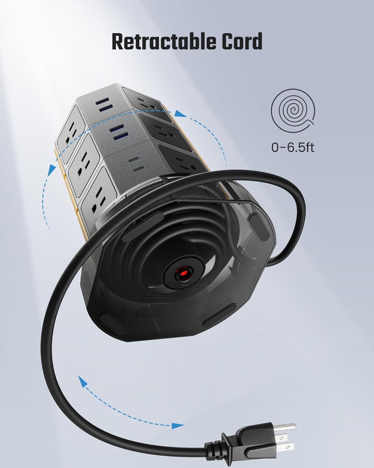 Power Strip Tower, SUPERDANNY Surge Protector Tower with 15W Wireless Charger, 1050J, 13A Charging Station with 12 AC Outlets & 6 USB Ports (2 USB C), 6.5ft Extension Cord for Home Office Dorm, Gold - Image 5