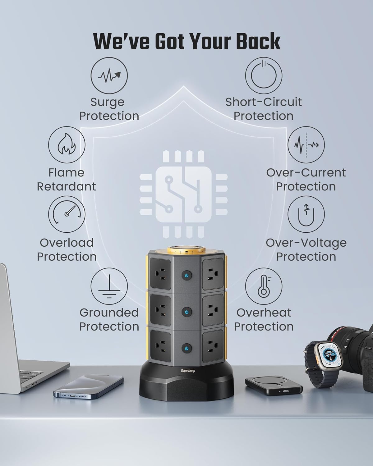 Power Strip Tower, SUPERDANNY Surge Protector Tower with 15W Wireless Charger, 1050J, 13A Charging Station with 12 AC Outlets & 6 USB Ports (2 USB C), 6.5ft Extension Cord for Home Office Dorm, Gold - Image 6