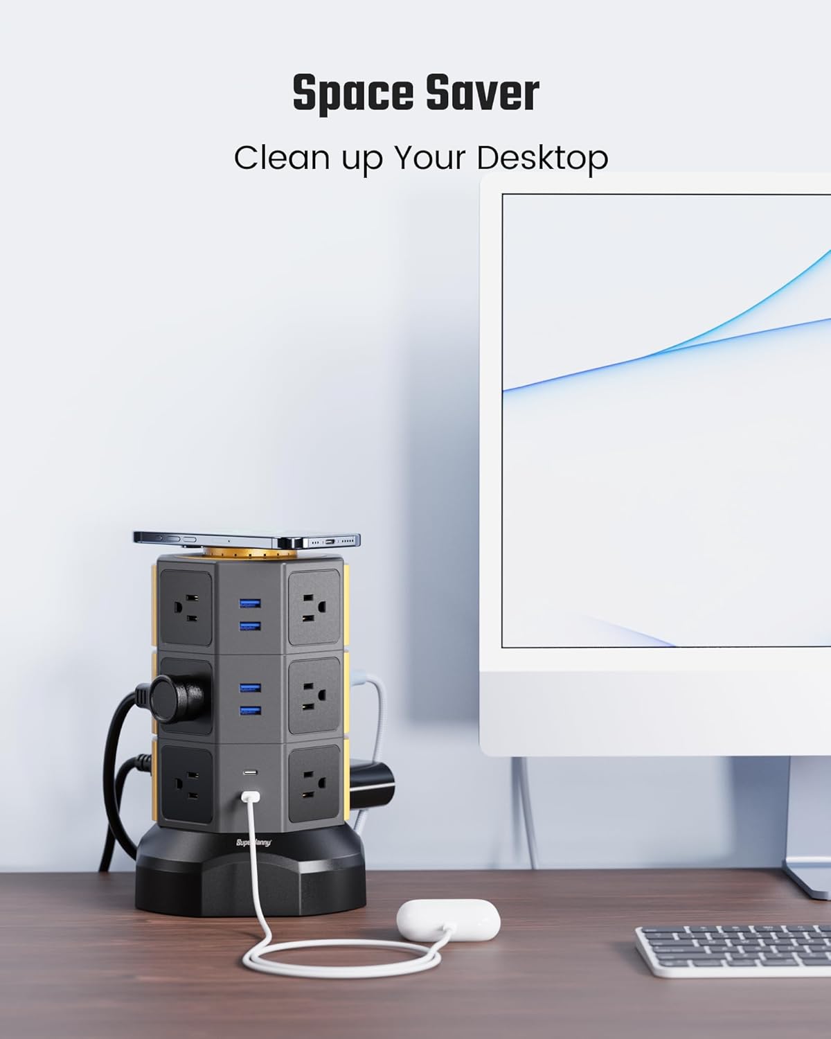 Power Strip Tower, SUPERDANNY Surge Protector Tower with 15W Wireless Charger, 1050J, 13A Charging Station with 12 AC Outlets & 6 USB Ports (2 USB C), 6.5ft Extension Cord for Home Office Dorm, Gold - Image 7