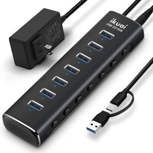 Powered USB 3.0 /USB C Hub, ikuai Aluminium 7-Port USB Hub Splitter with AC Adapter LED Individual On/Off Switches and 3.3ft Extended Long Cable for Laptop, Mac, PC, Flash Drive, Mobile HDD