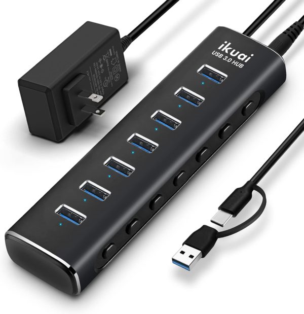 Powered USB 3.0 /USB C Hub, ikuai Aluminium 7-Port USB Hub Splitter with AC Adapter LED Individual On/Off Switches and 3.3ft Extended Long Cable for Laptop, Mac, PC, Flash Drive, Mobile HDD