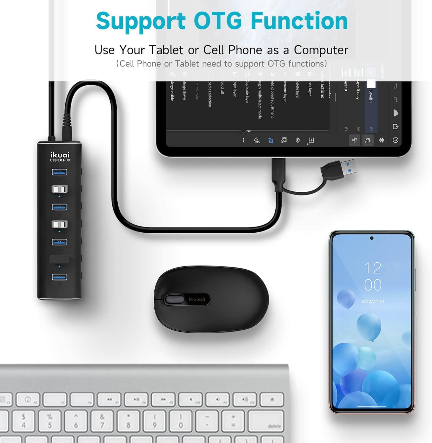 Powered USB 3.0 /USB C Hub, ikuai Aluminium 7-Port USB Hub Splitter with AC Adapter LED Individual On/Off Switches and 3.3ft Extended Long Cable for Laptop, Mac, PC, Flash Drive, Mobile HDD - Image 5