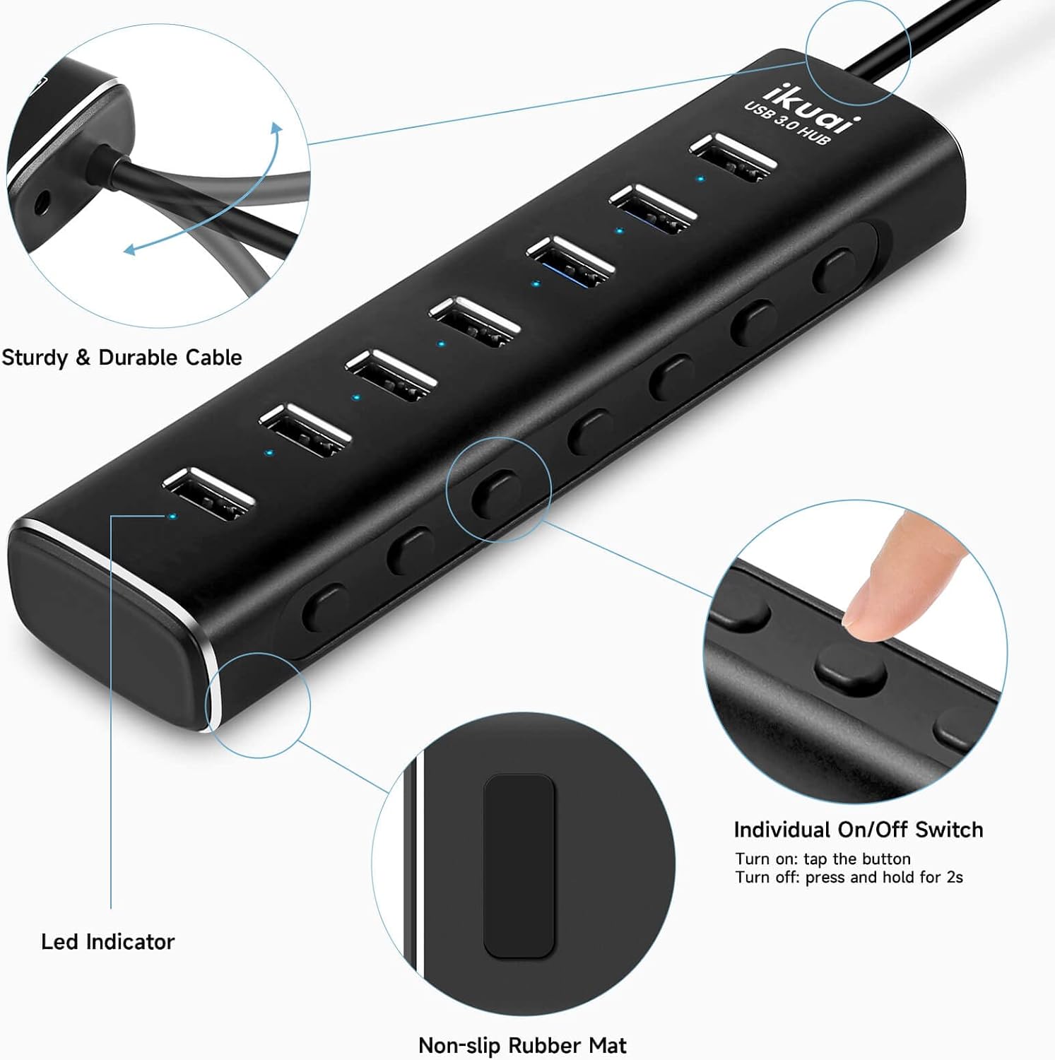Powered USB 3.0 /USB C Hub, ikuai Aluminium 7-Port USB Hub Splitter with AC Adapter LED Individual On/Off Switches and 3.3ft Extended Long Cable for Laptop, Mac, PC, Flash Drive, Mobile HDD - Image 7