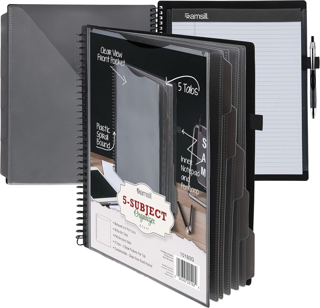 Samsill 24 Pocket Poly Project Organizer with 12 Dividers, File Folders Letter Size, Refillable Notepad, Customizable Front Cover, Erasable Write-On Tabs in Gray, Plastic Folders with Pockets