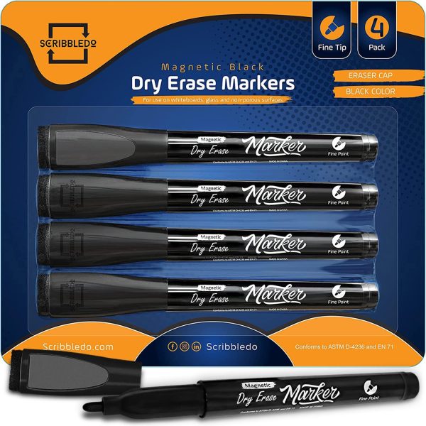 Scribbledo Magnetic Dry Erase Markers Fine Tip Black Color Low Odor Whiteboard Markers with Eraser Cap Thin Skinny White Board Markers for Adults Students Teachers Kids Art Home & School (4 Pack)