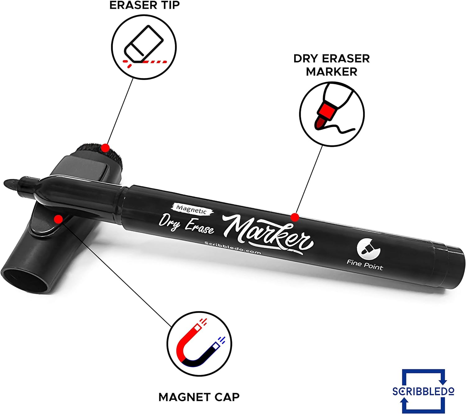 Scribbledo Magnetic Dry Erase Markers Fine Tip Black Color Low Odor Whiteboard Markers with Eraser Cap Thin Skinny White Board Markers for Adults Students Teachers Kids Art Home & School (4 Pack) - Image 2
