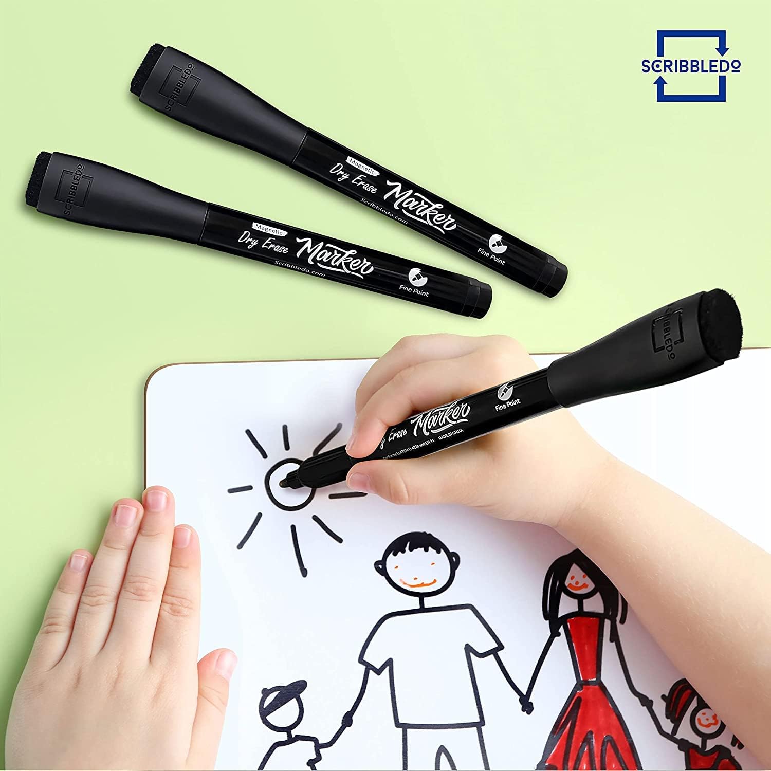 Scribbledo Magnetic Dry Erase Markers Fine Tip Black Color Low Odor Whiteboard Markers with Eraser Cap Thin Skinny White Board Markers for Adults Students Teachers Kids Art Home & School (4 Pack) - Image 4