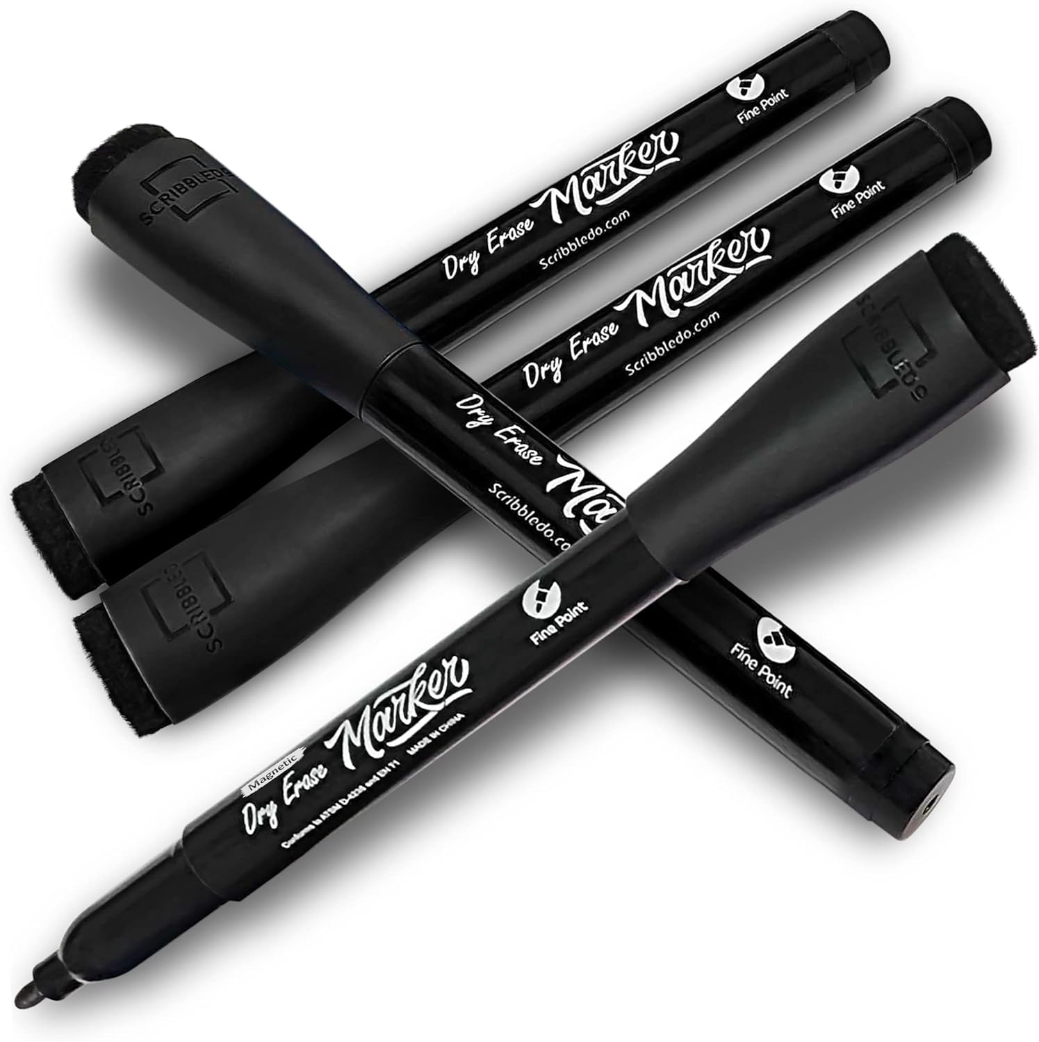 Scribbledo Magnetic Dry Erase Markers Fine Tip Black Color Low Odor Whiteboard Markers with Eraser Cap Thin Skinny White Board Markers for Adults Students Teachers Kids Art Home & School (4 Pack) - Image 5