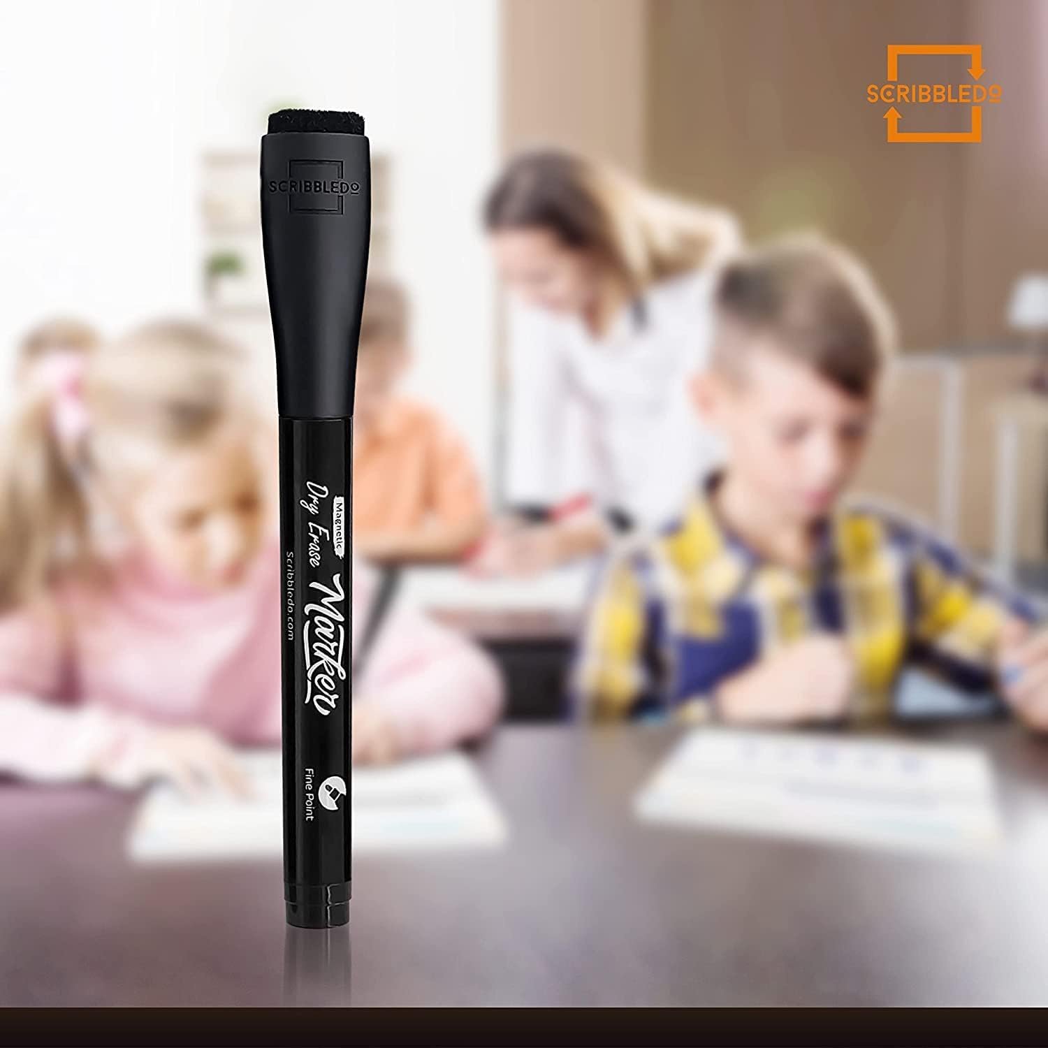 Scribbledo Magnetic Dry Erase Markers Fine Tip Black Color Low Odor Whiteboard Markers with Eraser Cap Thin Skinny White Board Markers for Adults Students Teachers Kids Art Home & School (4 Pack) - Image 6