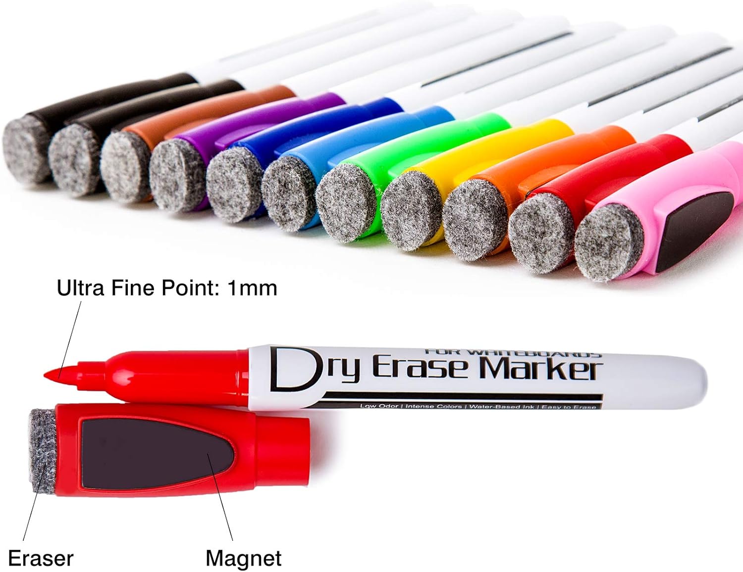 Volcanics Magnetic Dry Wipe Pens Dry Erase Markers With Eraser Cap Low Odor Fine Tip Whiteboard Pens Pack of 12,10 Colors - Image 2